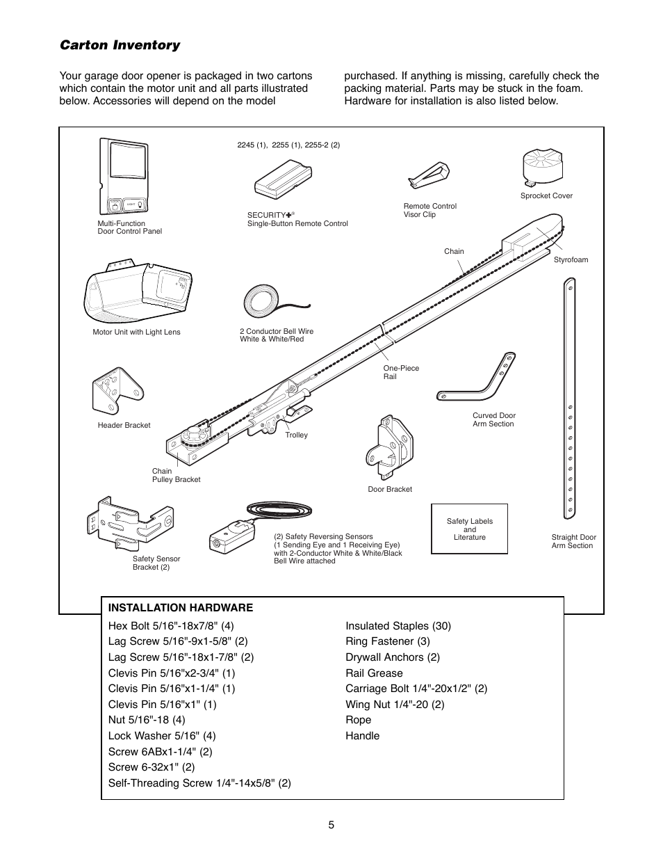 Carton inventory | Chamberlain 2255-2 User Manual | Page 5 / 36
