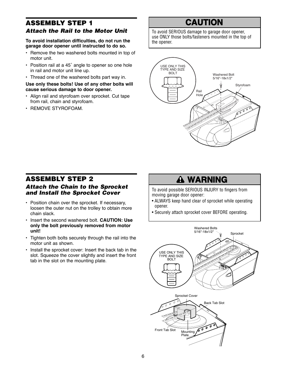 Assembly, Assembly step 1 attach the rail to the motor unit, Warning caution warning warning | Assembly step 1, Assembly step 2 | Chamberlain 2255-2 User Manual | Page 6 / 36