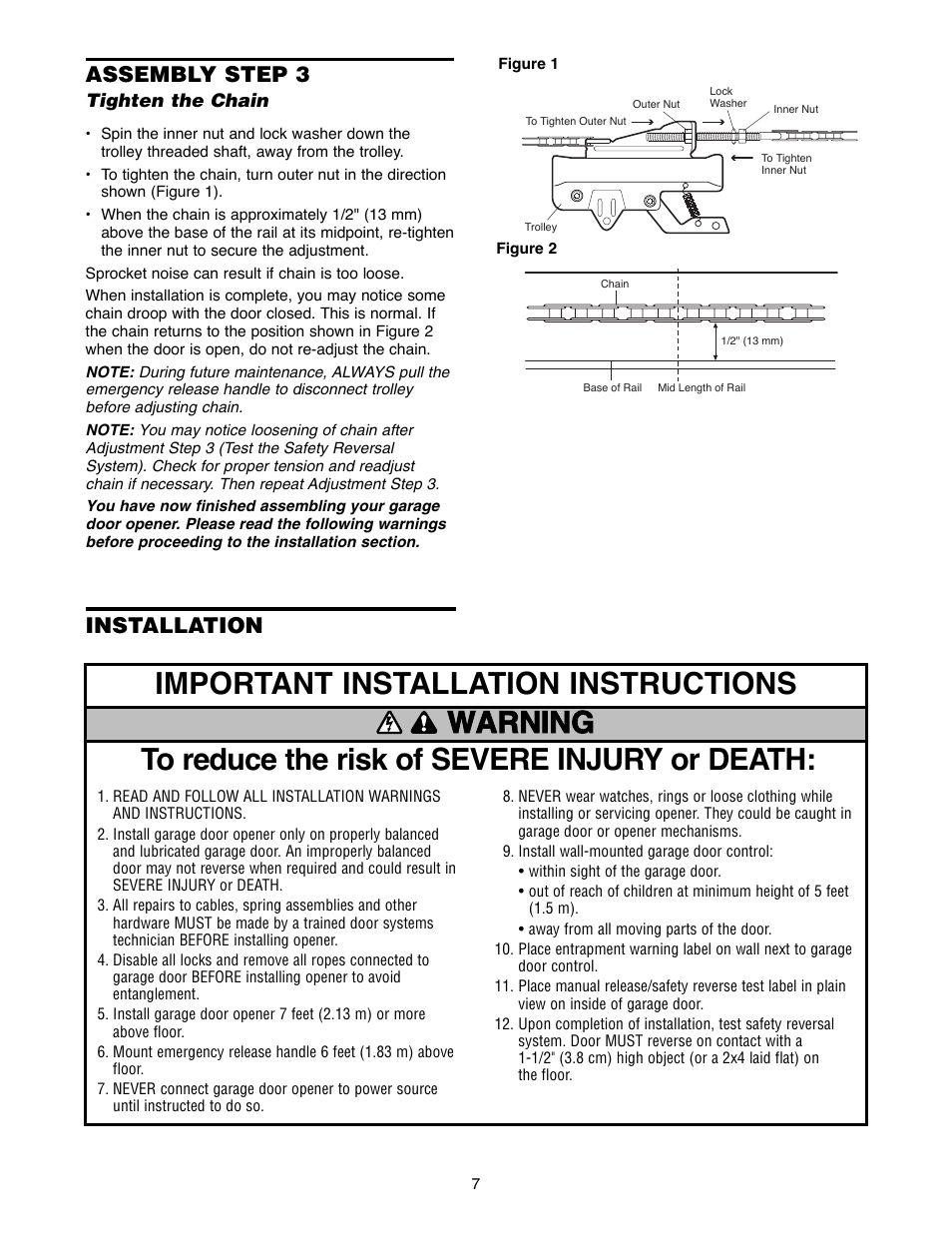Assembly step 3 tighten the chain, Installation, Installation assembly step 3 | Chamberlain 2255-2 User Manual | Page 7 / 36