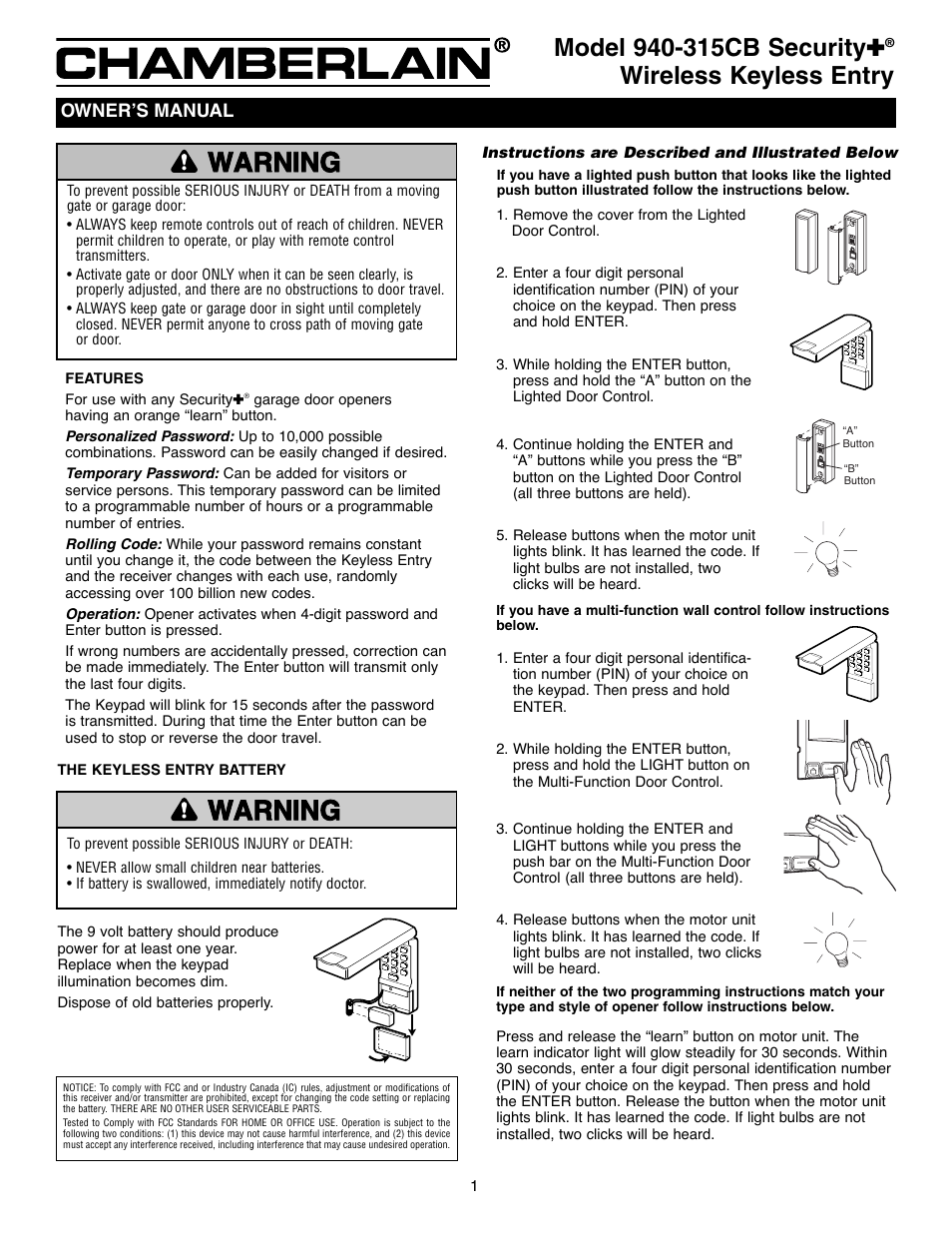 Chamberlain SECURITY 940-315CB User Manual | 4 pages