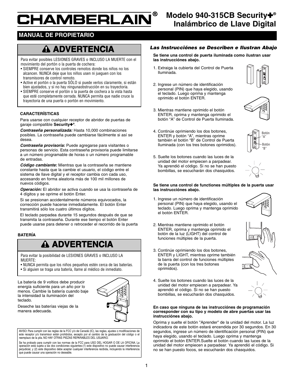 Spanish, Batería, Precaución advertencia advertencia advertencia | Inalámbrico de llave digital, Manual de propietario | Chamberlain SECURITY 940-315CB User Manual | Page 3 / 4