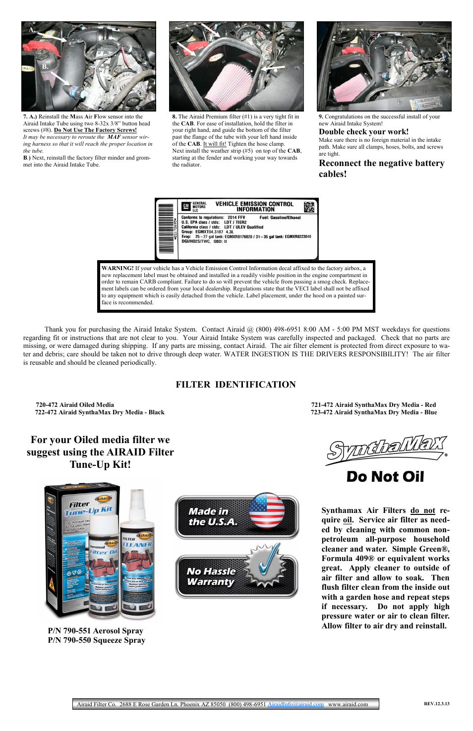 Reconnect the negative battery cables, Filter identification | Airaid 200-219 User Manual | Page 2 / 2