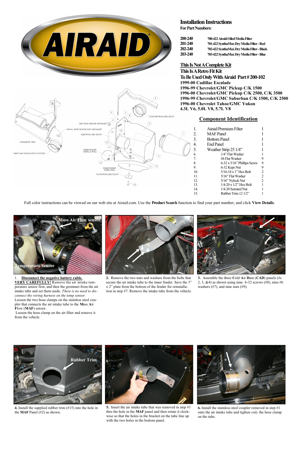 Airaid 200-240 User Manual | 2 pages