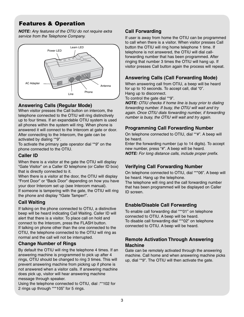 Features & operation | Chamberlain OTIU User Manual | Page 3 / 4