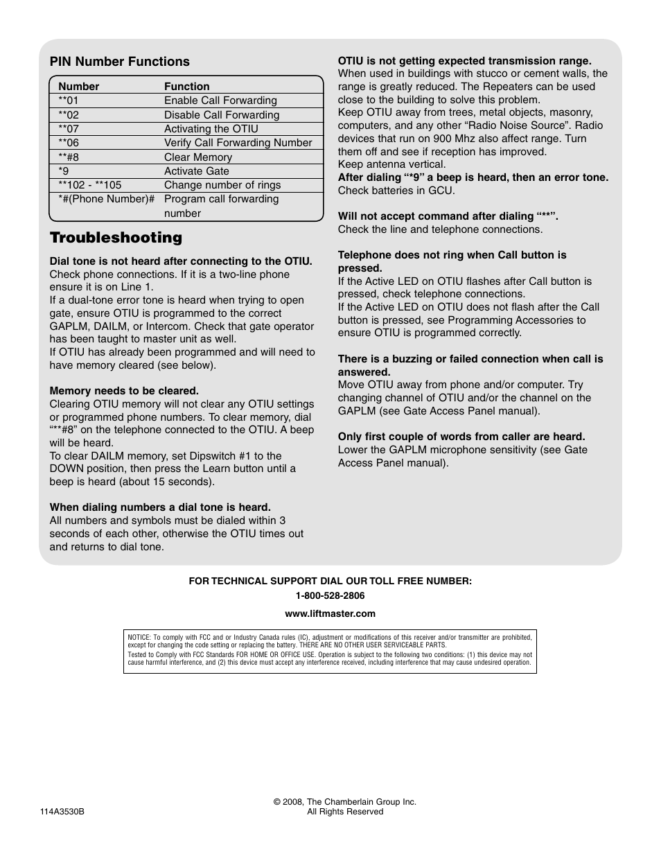 Troubleshooting, Technical support | Chamberlain OTIU User Manual | Page 4 / 4