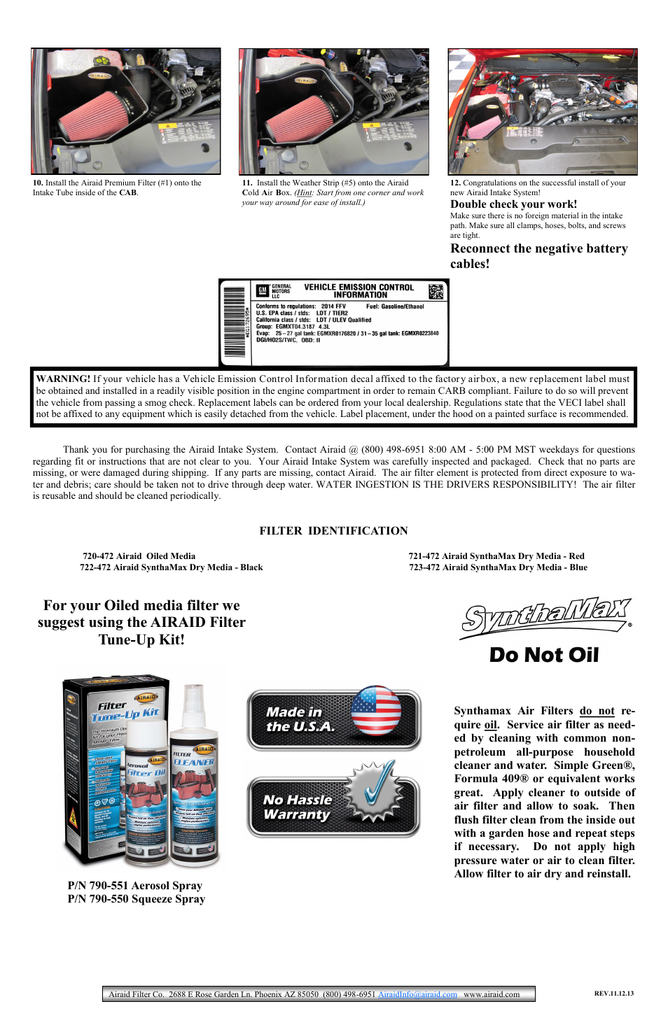 Reconnect the negative battery cables | Airaid 200-281 User Manual | Page 2 / 2
