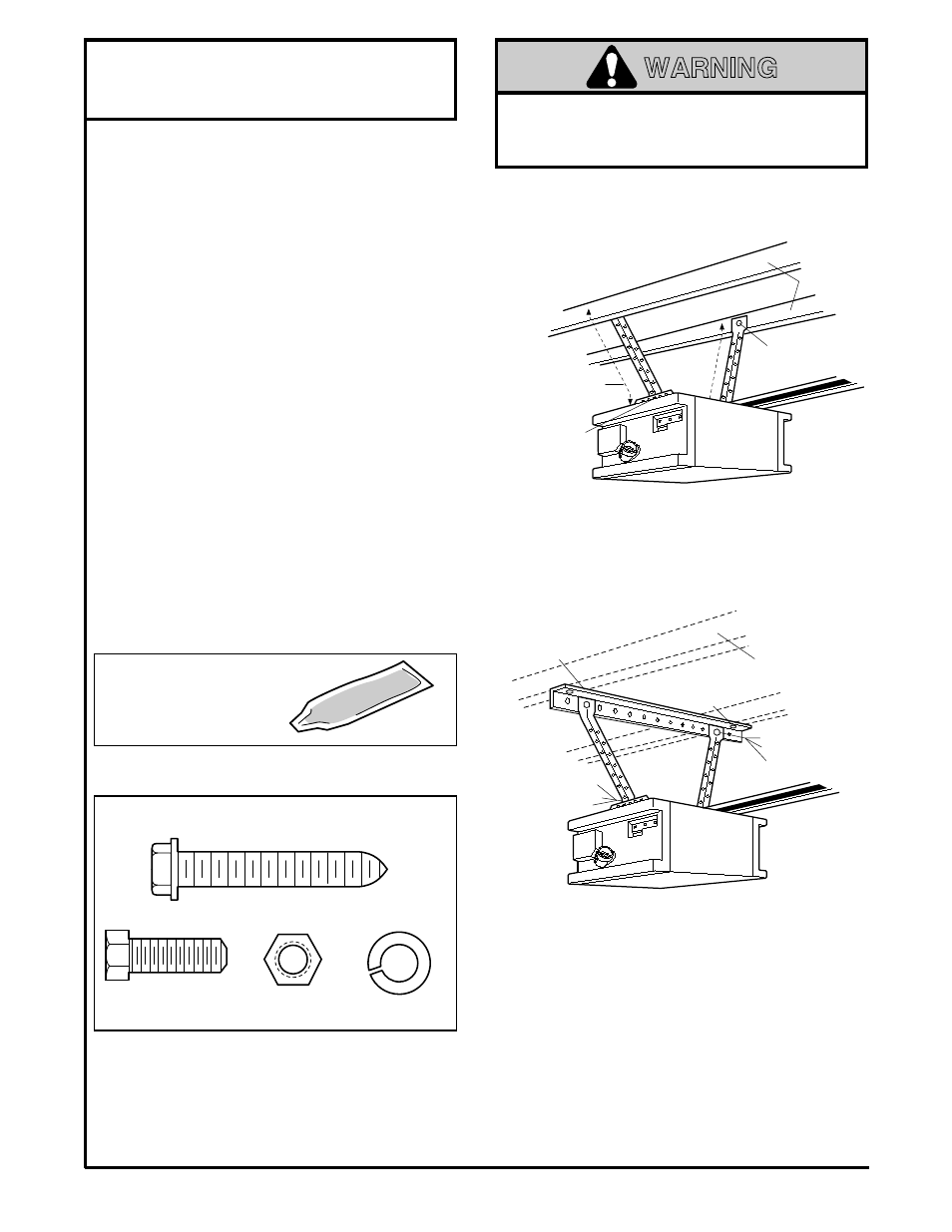 5) hang the opener, Warning, Installation step 5 | Hang the opener, Figure 1 figure 2 | Chamberlain 1270LMC User Manual | Page 13 / 36