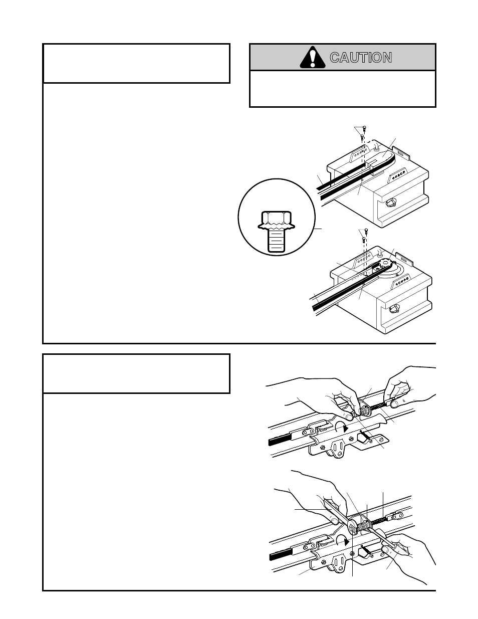 Assembly section, 1) attach the t-rail to the opener, 2) set the belt tension | Caution, Assembly step 1, Assembly step 2, Attach the t-rail to the opener, Set the belt tension | Chamberlain 1270LMC User Manual | Page 6 / 36