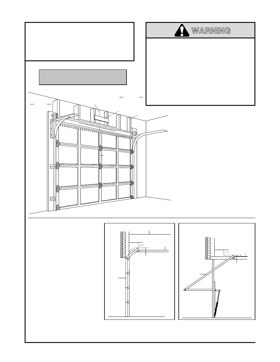 1) determine header bracket location, Sectional doors and one-piece door with track, Warning | Installation step 1, Determine header bracket location, Proceed to step 2, page 10 | Chamberlain 1270LMC User Manual | Page 8 / 36