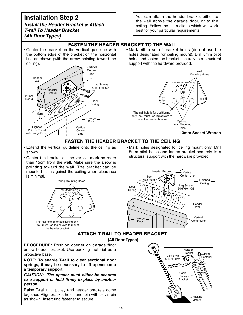 Installation step 2, Attach t-rail to header bracket, All door types) | Chamberlain 2000E - 1/3 HP User Manual | Page 12 / 28