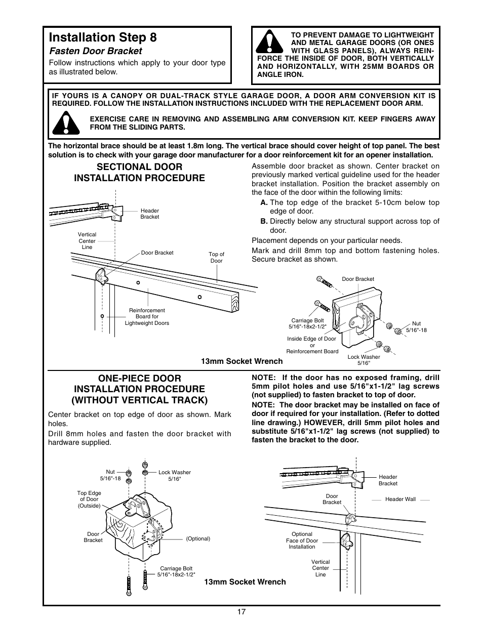 Fasten door bracket, Installation step 8 | Chamberlain 2000E - 1/3 HP User Manual | Page 17 / 28