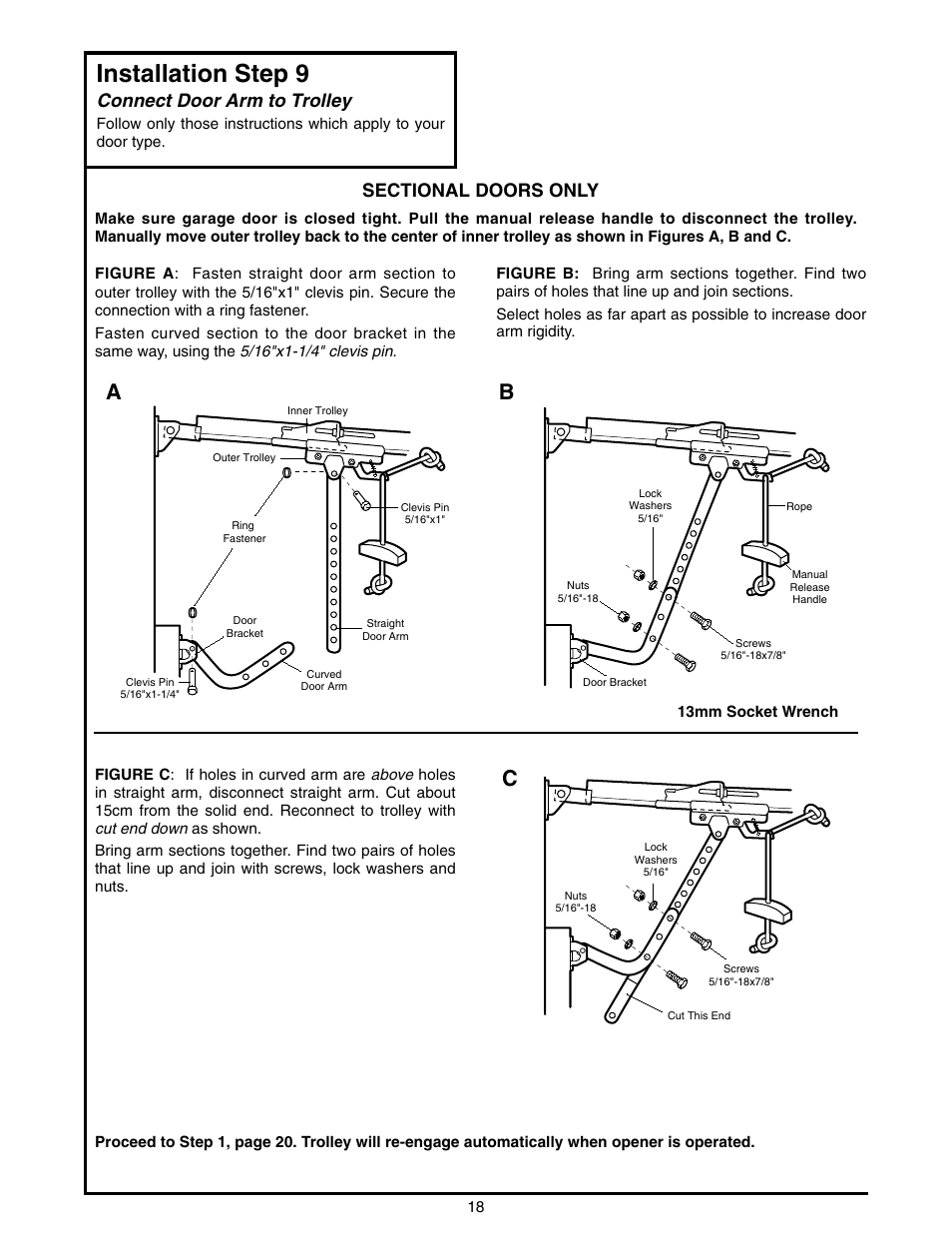 Connect door arm to trolley, Installation step 9, Cb a | Chamberlain 2000E - 1/3 HP User Manual | Page 18 / 28