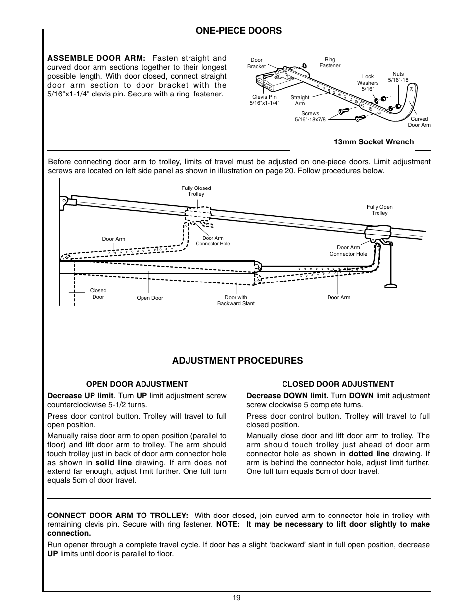 One-piece doors, Adjustment procedures | Chamberlain 2000E - 1/3 HP User Manual | Page 19 / 28