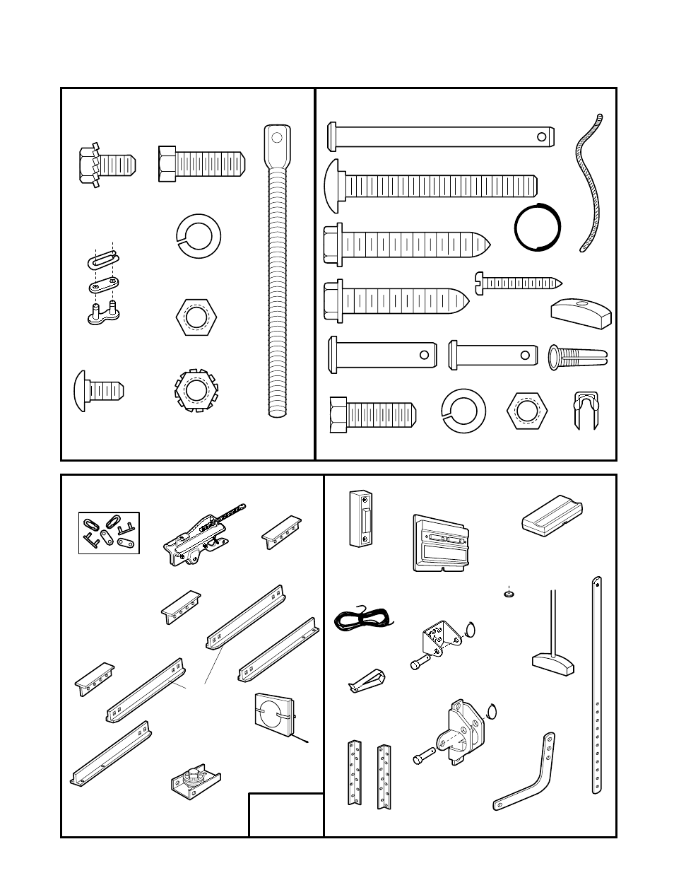 Repair parts, Installation parts, Rail assembly parts | Assembly hardware installation hardware, Rail assembly parts installation parts | Chamberlain 2000E - 1/3 HP User Manual | Page 26 / 28