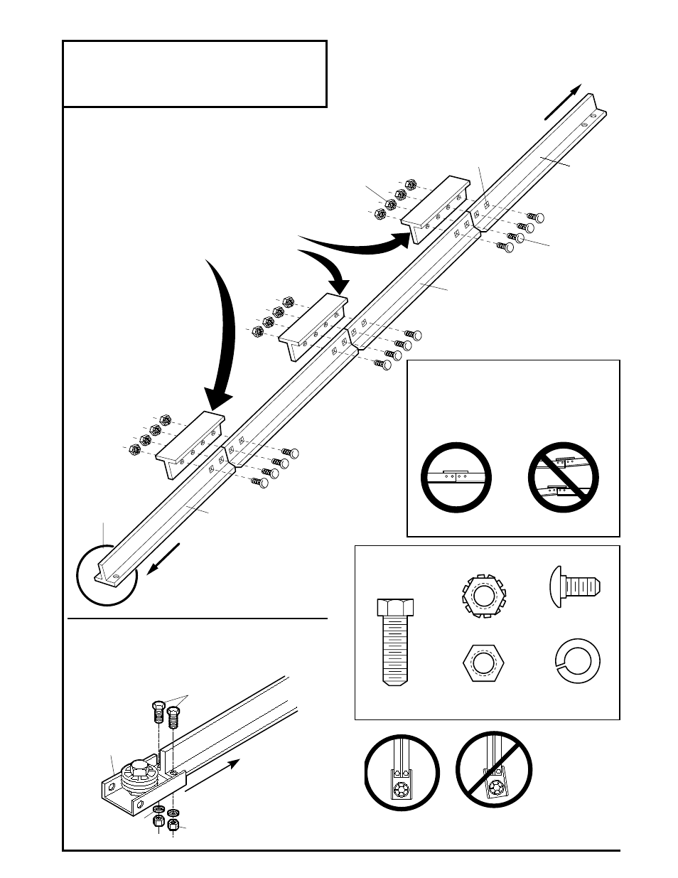 Assembly, Assemble t-rail and attach cable pulley bracket, Assembly step 1 | Right wrong | Chamberlain 2000E - 1/3 HP User Manual | Page 7 / 28