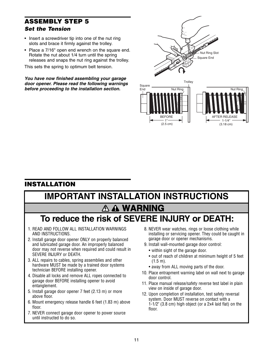 Assembly step 5 set the tension, Installation, Assembly step 5 | Chamberlain WD822KD 1/2 HP User Manual | Page 11 / 40