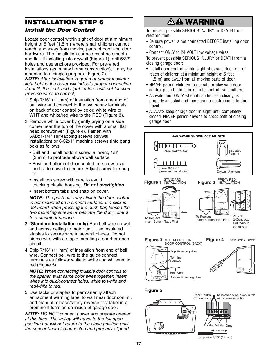 Installation step 6 install the door control, Warning caution warning warning, Installation step 6 | Install the door control | Chamberlain WD822KD 1/2 HP User Manual | Page 17 / 40