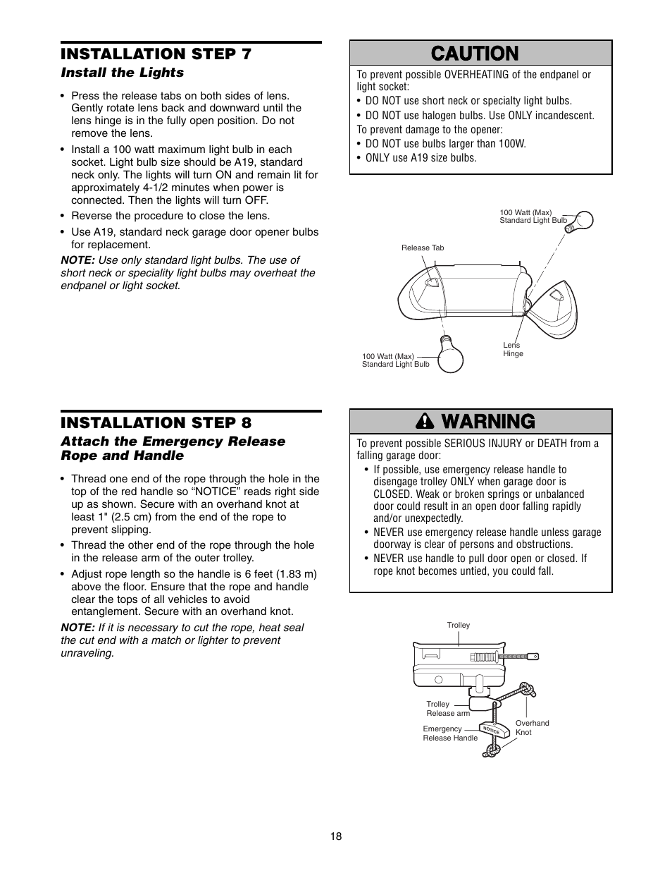 Installation step 7 install the lights, Warning caution warning warning, Installation step 7 | Installation step 8 | Chamberlain WD822KD 1/2 HP User Manual | Page 18 / 40