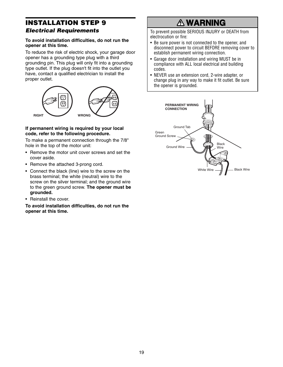 Installation step 9 electrical requirements, Warning caution warning warning, Installation step 9 | Chamberlain WD822KD 1/2 HP User Manual | Page 19 / 40