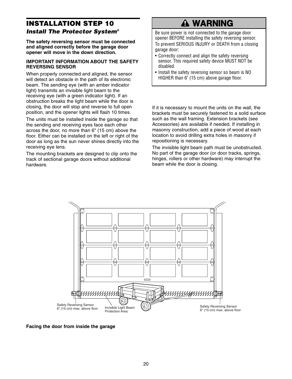 Installation step 10 install the protector system, Warning caution warning warning, Installation step 10 | Chamberlain WD822KD 1/2 HP User Manual | Page 20 / 40