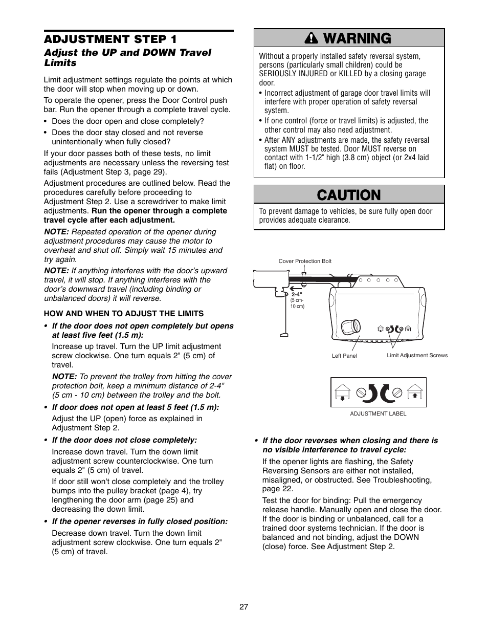 Adjustment, Warning caution warning warning, Adjustment step 1 | Chamberlain WD822KD 1/2 HP User Manual | Page 27 / 40