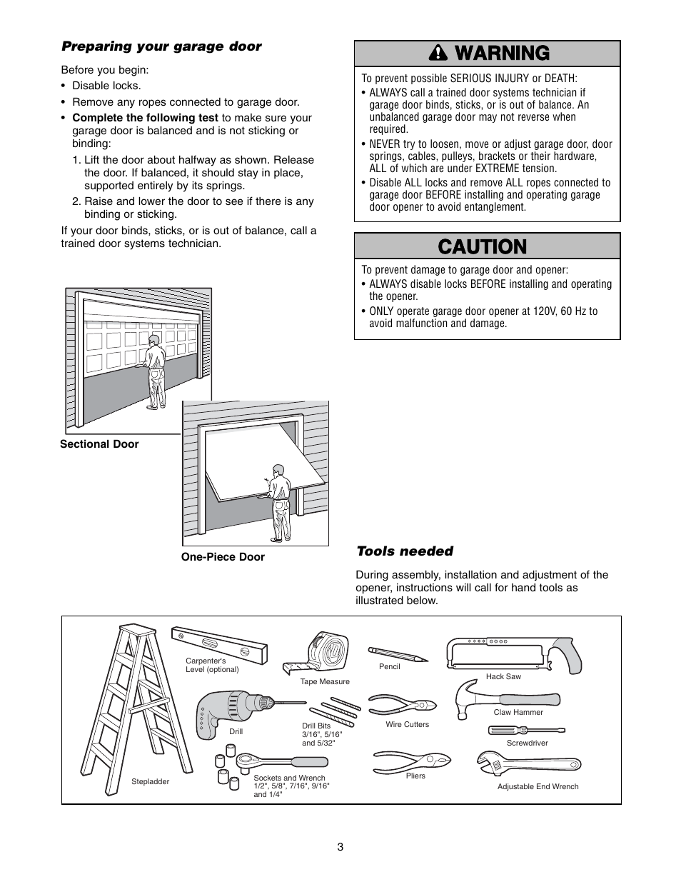 Preparing your garage door, Tools needed | Chamberlain WD822KD 1/2 HP User Manual | Page 3 / 40
