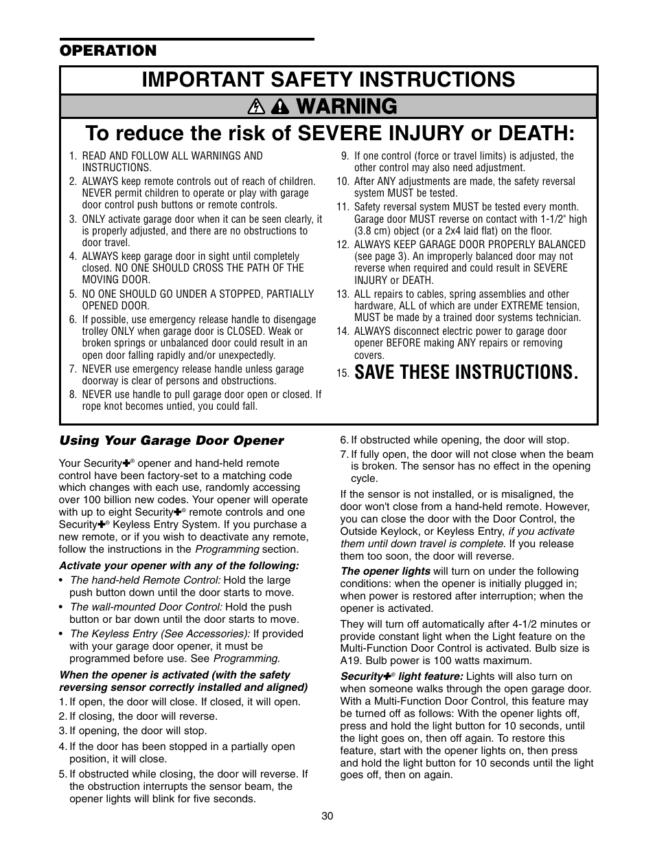 Operation, Using your garage door opener, Save these instructions | Chamberlain WD822KD 1/2 HP User Manual | Page 30 / 40
