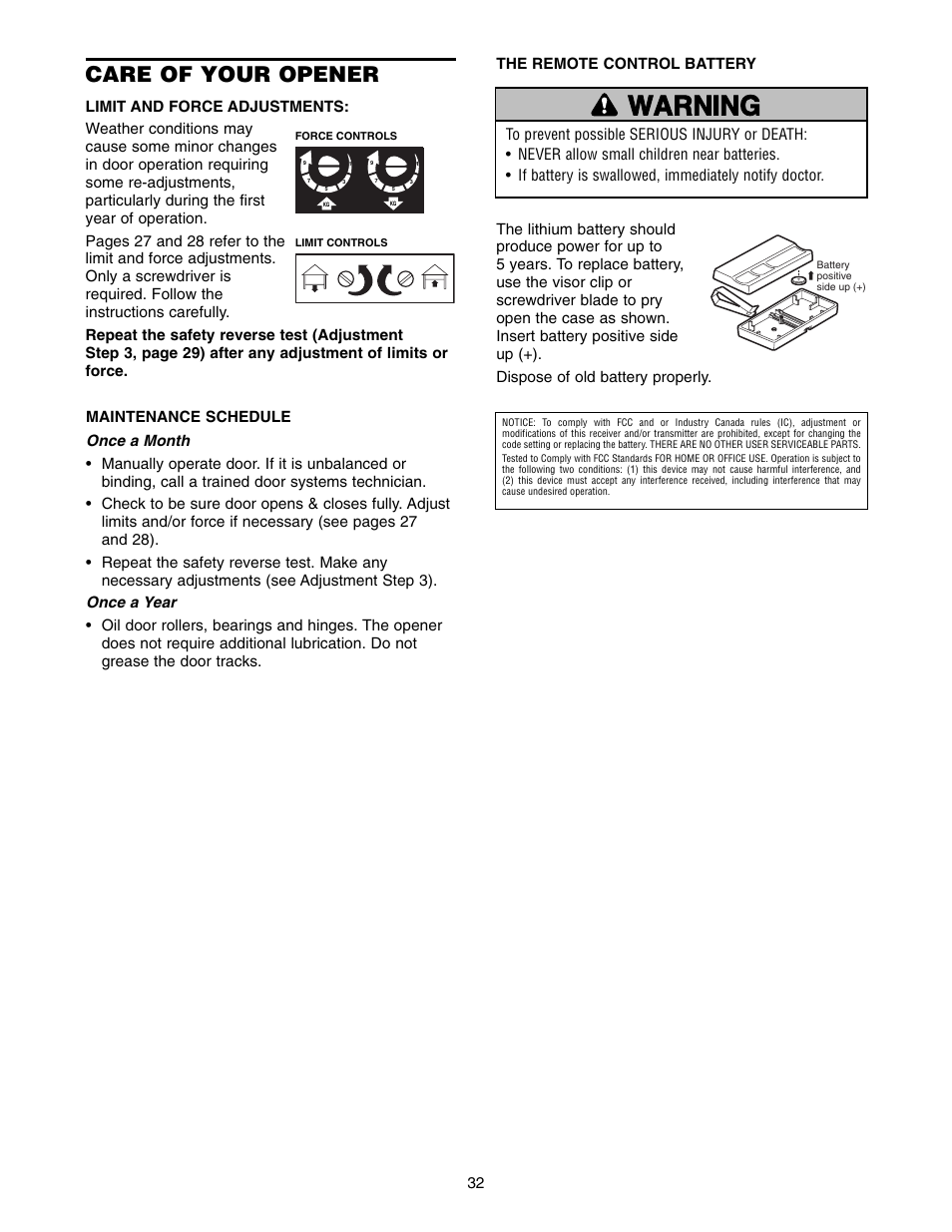 Care of your opener, Warning caution warning warning | Chamberlain WD822KD 1/2 HP User Manual | Page 32 / 40