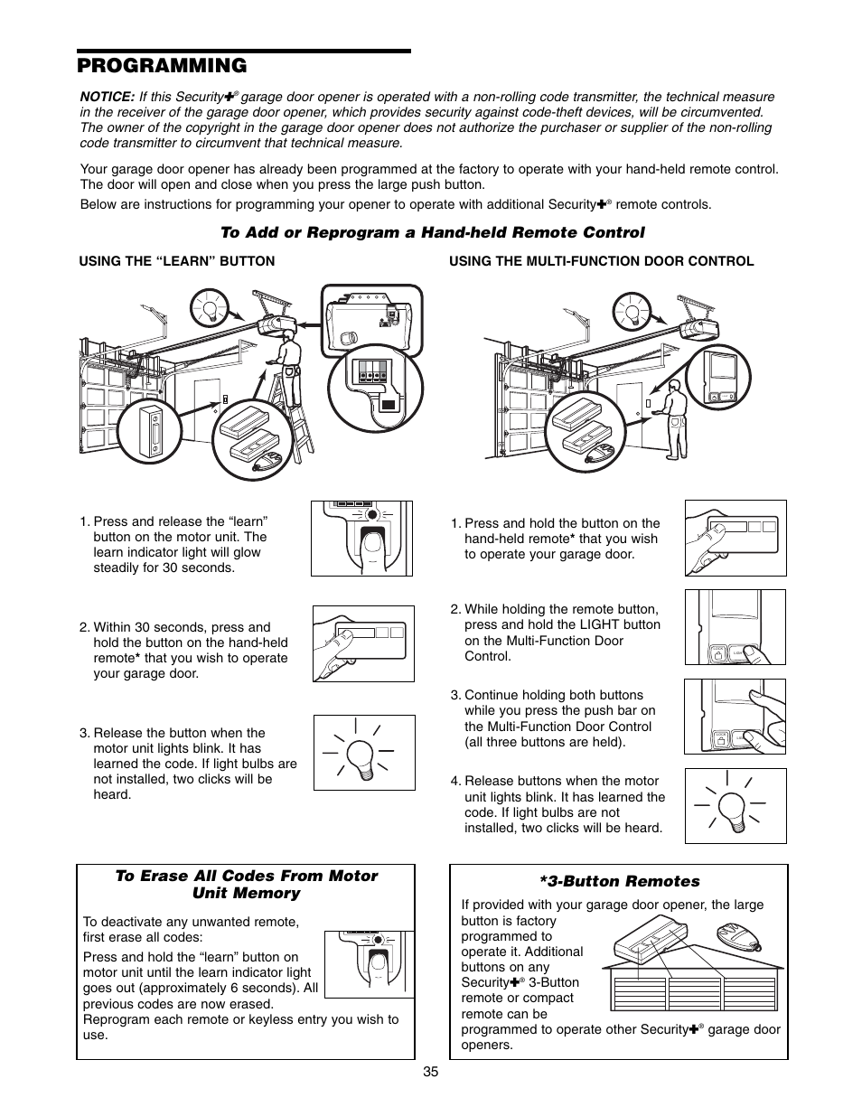 Programming, To add or reprogram a hand-held remote control, To erase all codes from motor unit memory | Button remotes | Chamberlain WD822KD 1/2 HP User Manual | Page 35 / 40