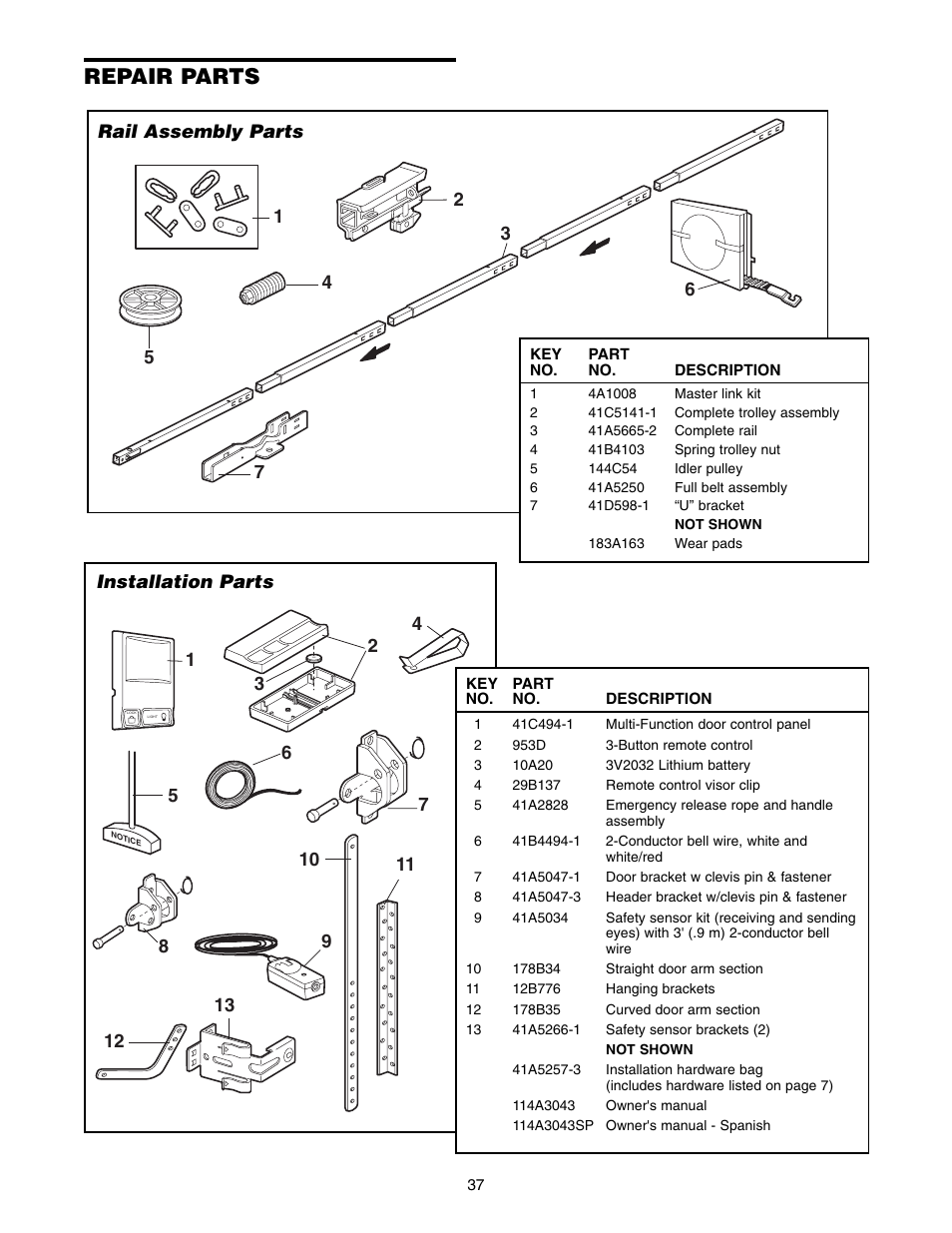 Repair parts, Rail assembly parts, Installation parts | Chamberlain WD822KD 1/2 HP User Manual | Page 37 / 40