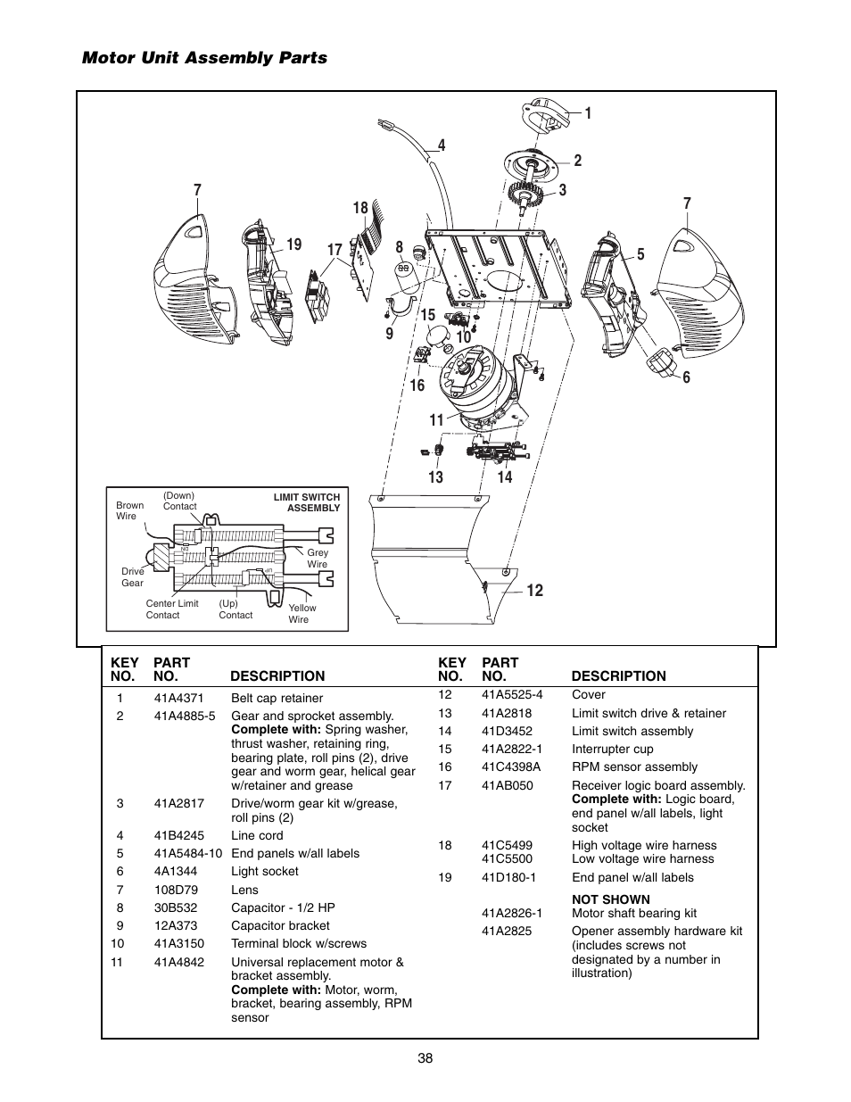 Motor unit assembly parts | Chamberlain WD822KD 1/2 HP User Manual | Page 38 / 40