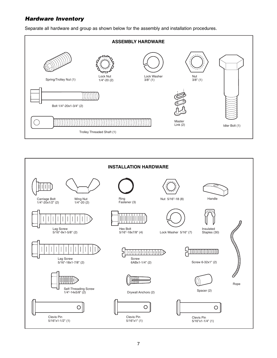Hardware inventory | Chamberlain WD822KD 1/2 HP User Manual | Page 7 / 40