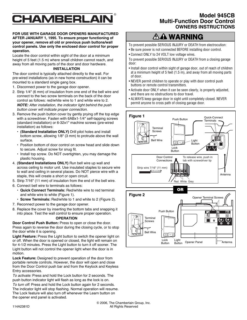 Chamberlain 945CB User Manual | 1 page