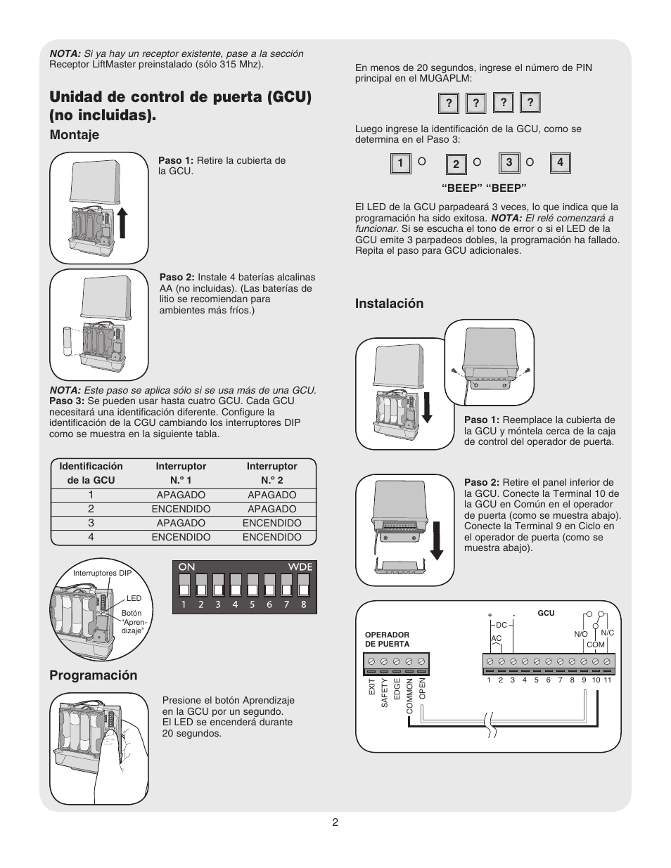 Unidad de control de puerta (gcu) (no incluidas), Montaje, Programación | Instalación | Chamberlain LIFTMASTER MUGAPLM User Manual | Page 10 / 16