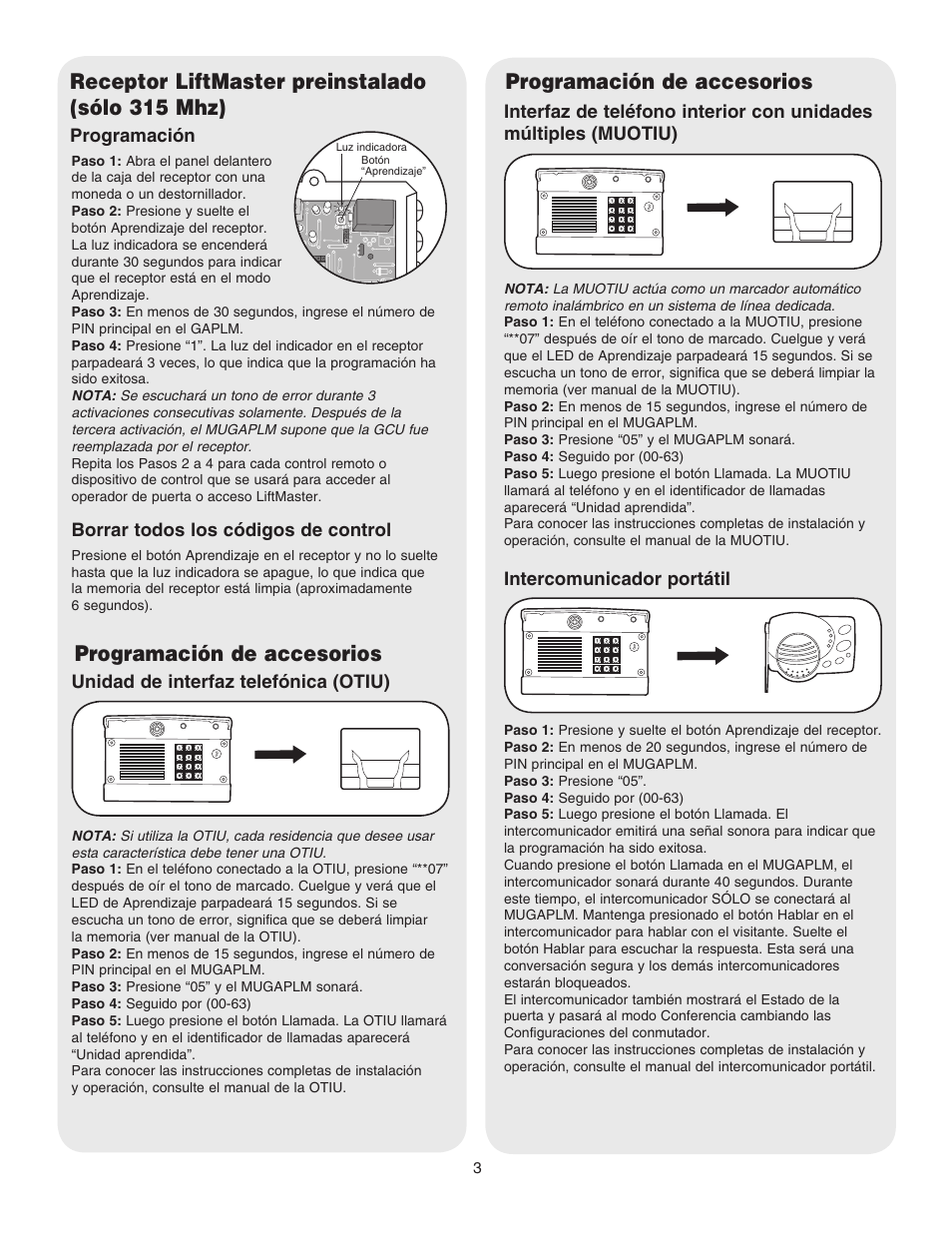 Receptor liftmaster preinstalado (sólo 315 mhz), Programación de accesorios | Chamberlain LIFTMASTER MUGAPLM User Manual | Page 11 / 16