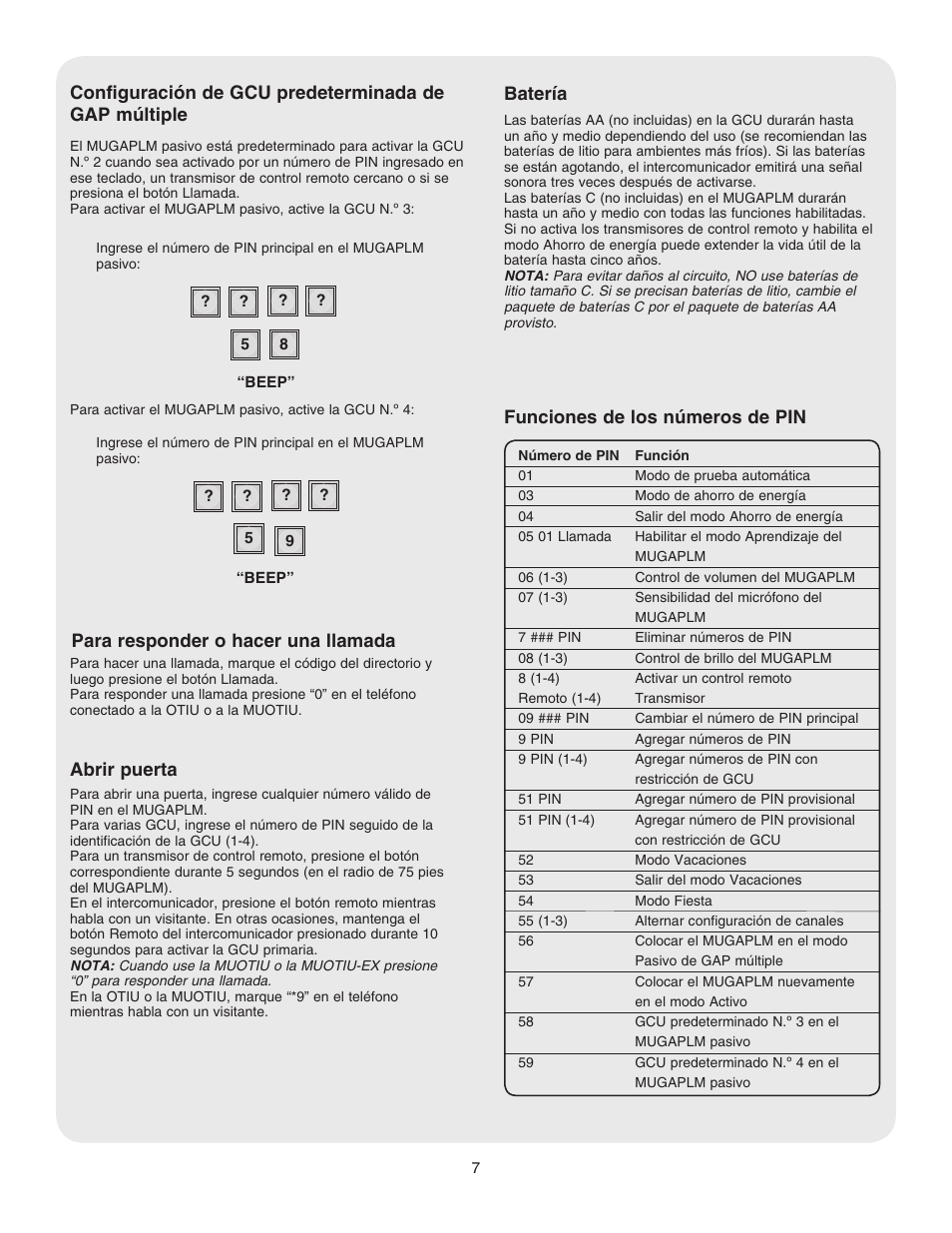 Funciones de los números de pin, Batería, Abrir puerta | Para responder o hacer una llamada | Chamberlain LIFTMASTER MUGAPLM User Manual | Page 15 / 16