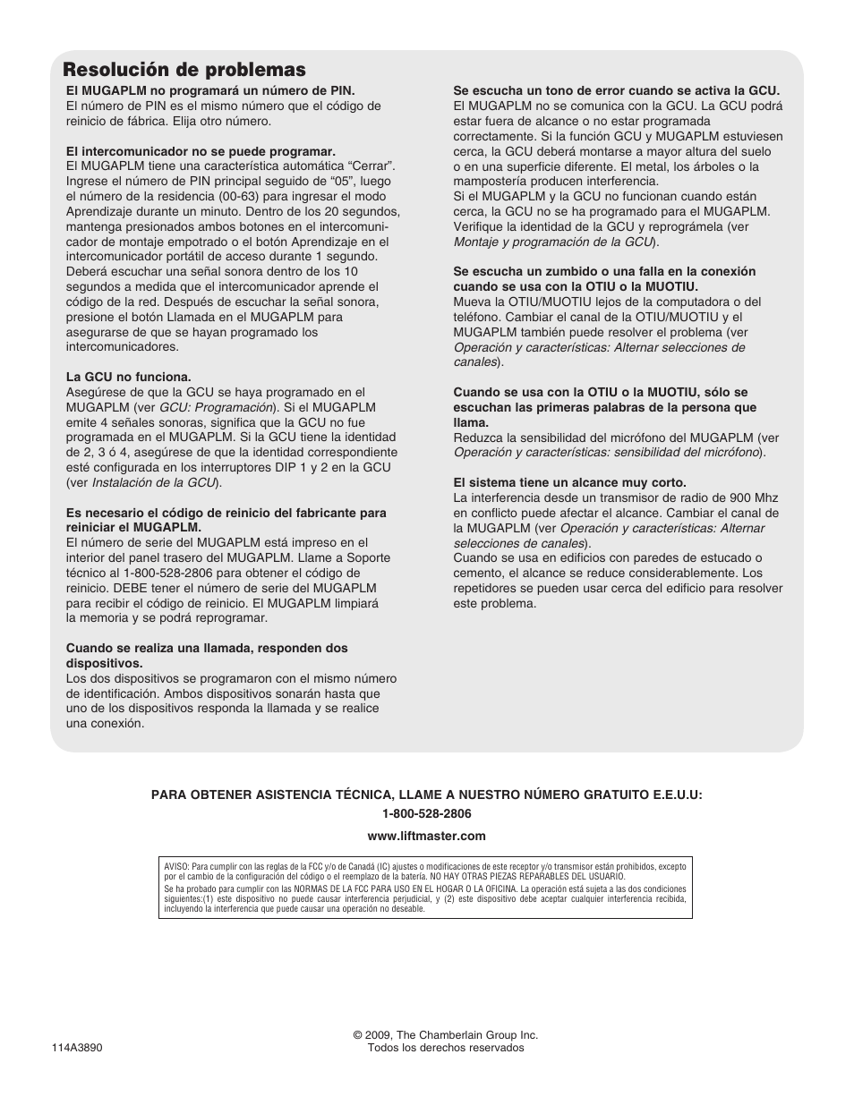 Resolución de problemas | Chamberlain LIFTMASTER MUGAPLM User Manual | Page 16 / 16