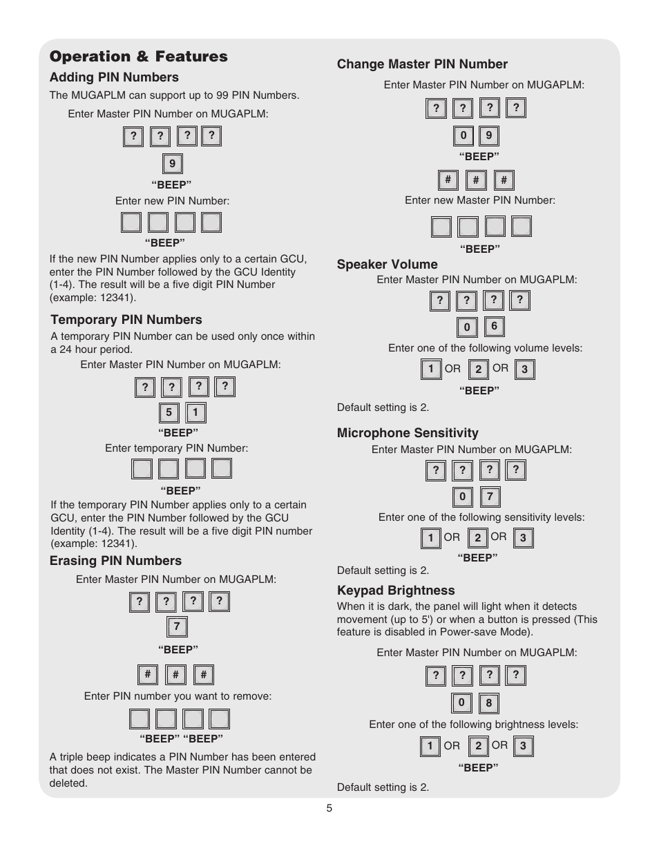 Operation & features, Adding pin numbers, Temporary pin numbers | Erasing pin numbers, Change master pin number, Speaker volume, Microphone sensitivity, Keypad brightness | Chamberlain LIFTMASTER MUGAPLM User Manual | Page 5 / 16