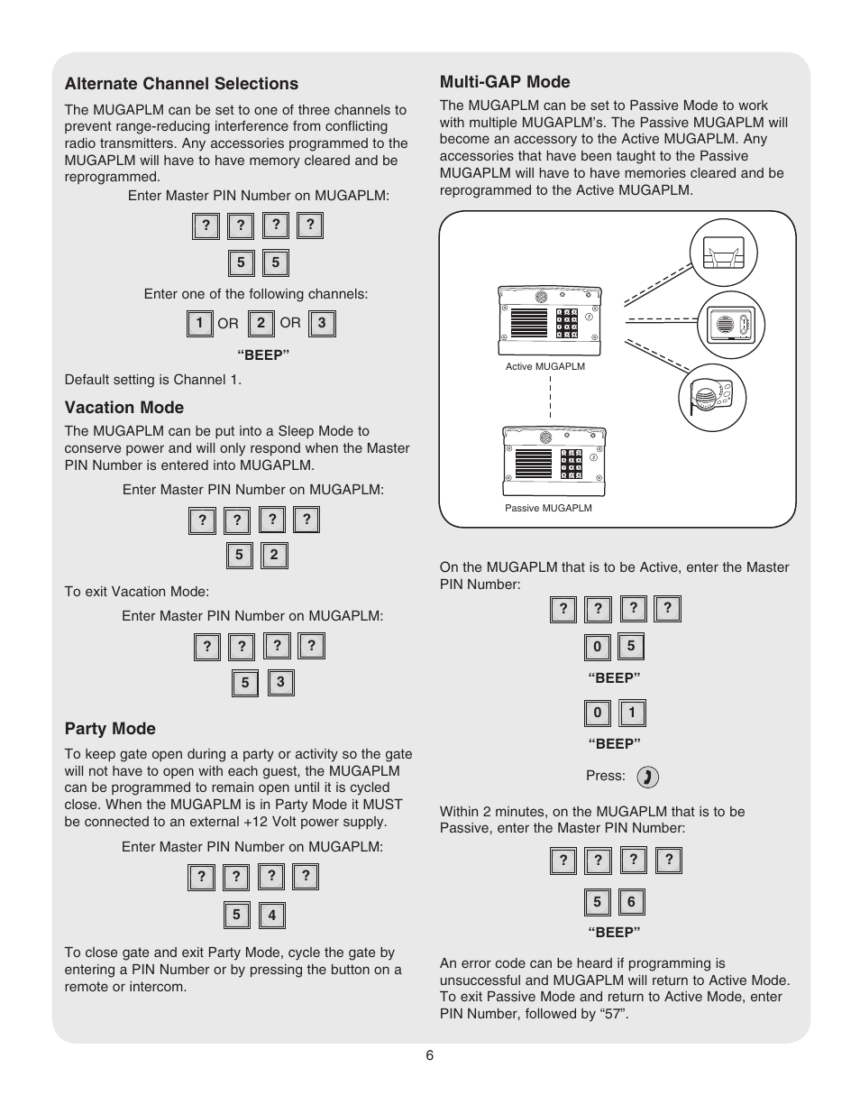 Alternate channel selections, Vacation mode, Party mode | Multi-gap mode | Chamberlain LIFTMASTER MUGAPLM User Manual | Page 6 / 16