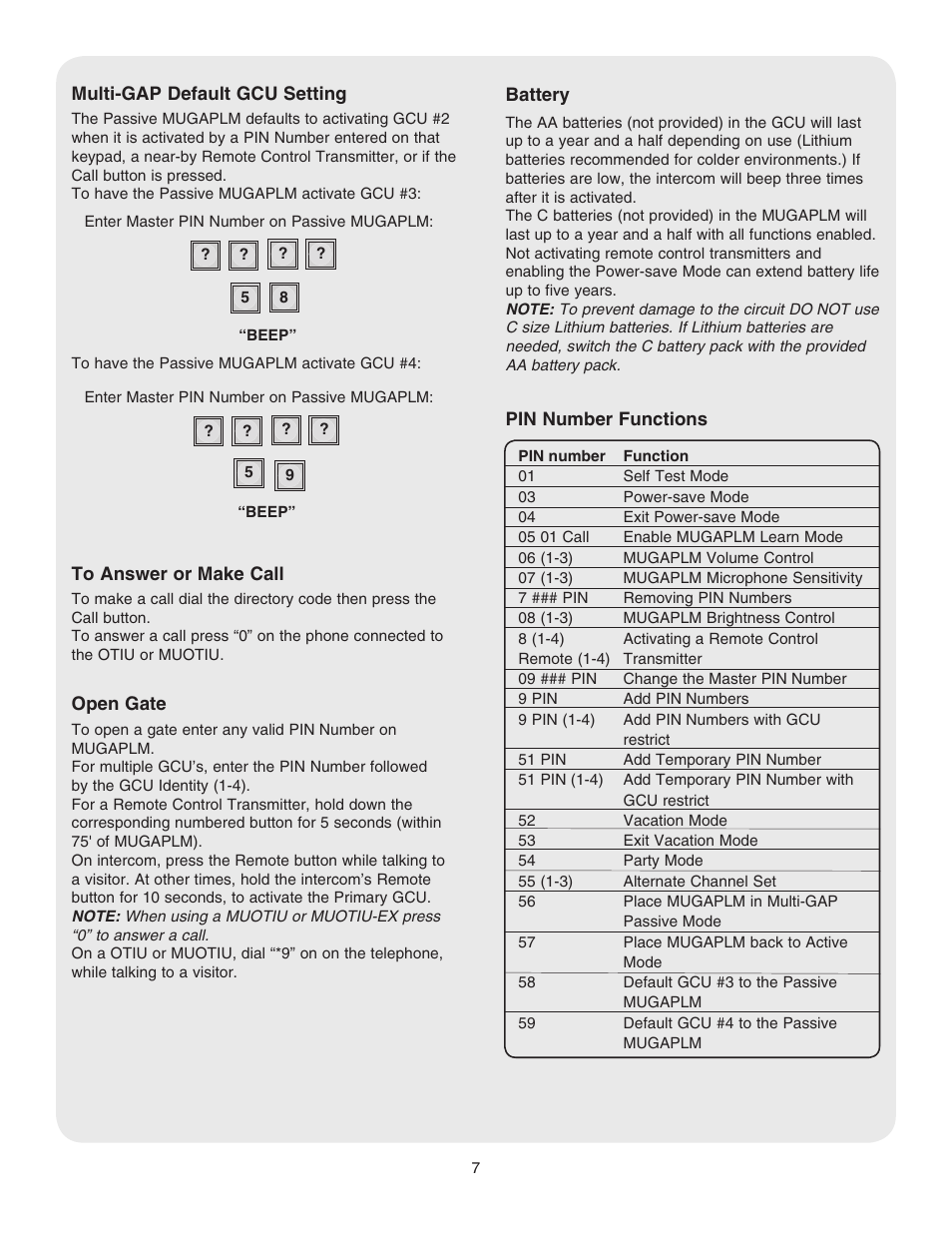 Multi-gap default gcu setting, To answer or make call, Battery | Pin number functions | Chamberlain LIFTMASTER MUGAPLM User Manual | Page 7 / 16