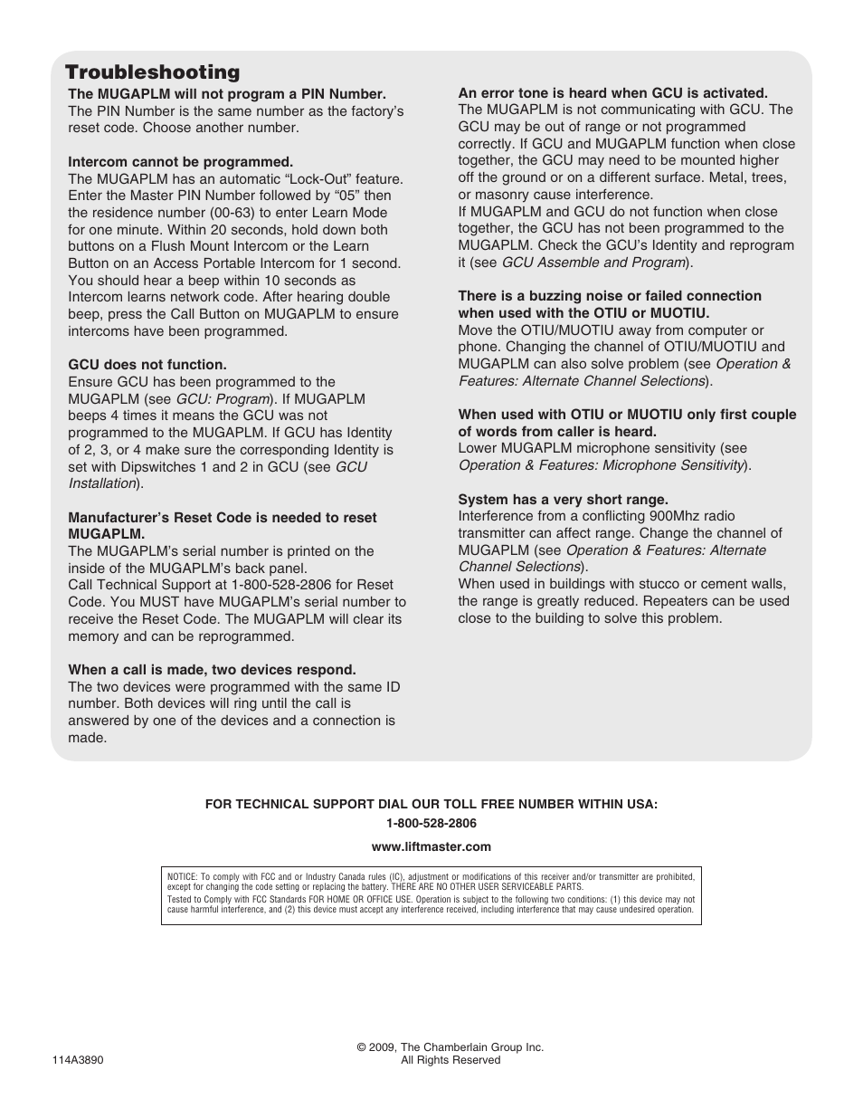 Troubleshooting | Chamberlain LIFTMASTER MUGAPLM User Manual | Page 8 / 16