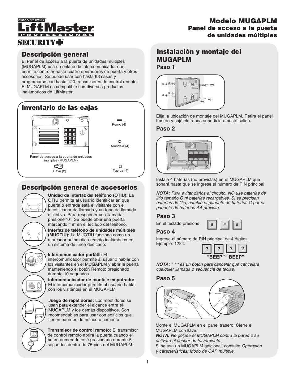 Spanish, Inventario de las cajas descripción general, Instalación y montaje del mugaplm | Descripción general de accesorios, Modelo mugaplm | Chamberlain LIFTMASTER MUGAPLM User Manual | Page 9 / 16