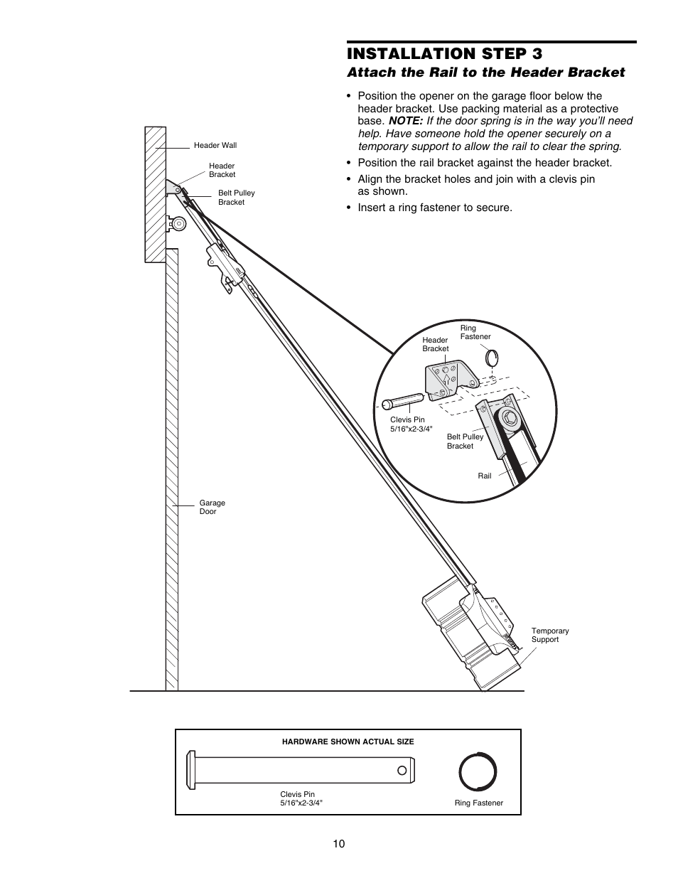 Installation step 3, Attach the rail to the header bracket | Chamberlain 3585S 3/4 HP User Manual | Page 10 / 40