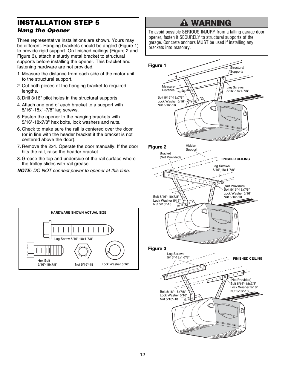 Installation step 5 hang the opener, Installation step 5, Hang the opener | Chamberlain 3585S 3/4 HP User Manual | Page 12 / 40