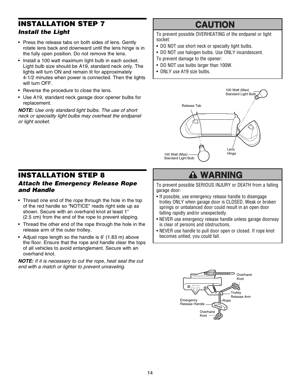 Installation step 7 install the light, Installation step 7, Installation step 8 | Install the light, Attach the emergency release rope and handle | Chamberlain 3585S 3/4 HP User Manual | Page 14 / 40