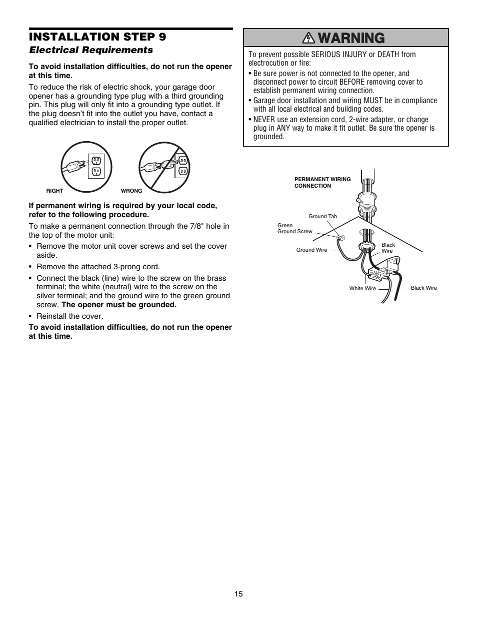 Installation step 9 electrical requirements, Installation step 9, Electrical requirements | Chamberlain 3585S 3/4 HP User Manual | Page 15 / 40