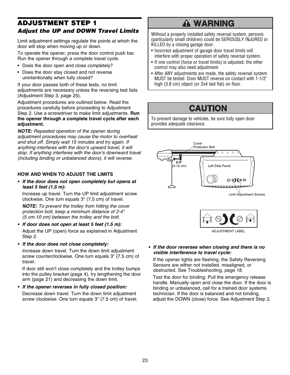 Adjustment, Adjustment step 1 | Chamberlain 3585S 3/4 HP User Manual | Page 23 / 40