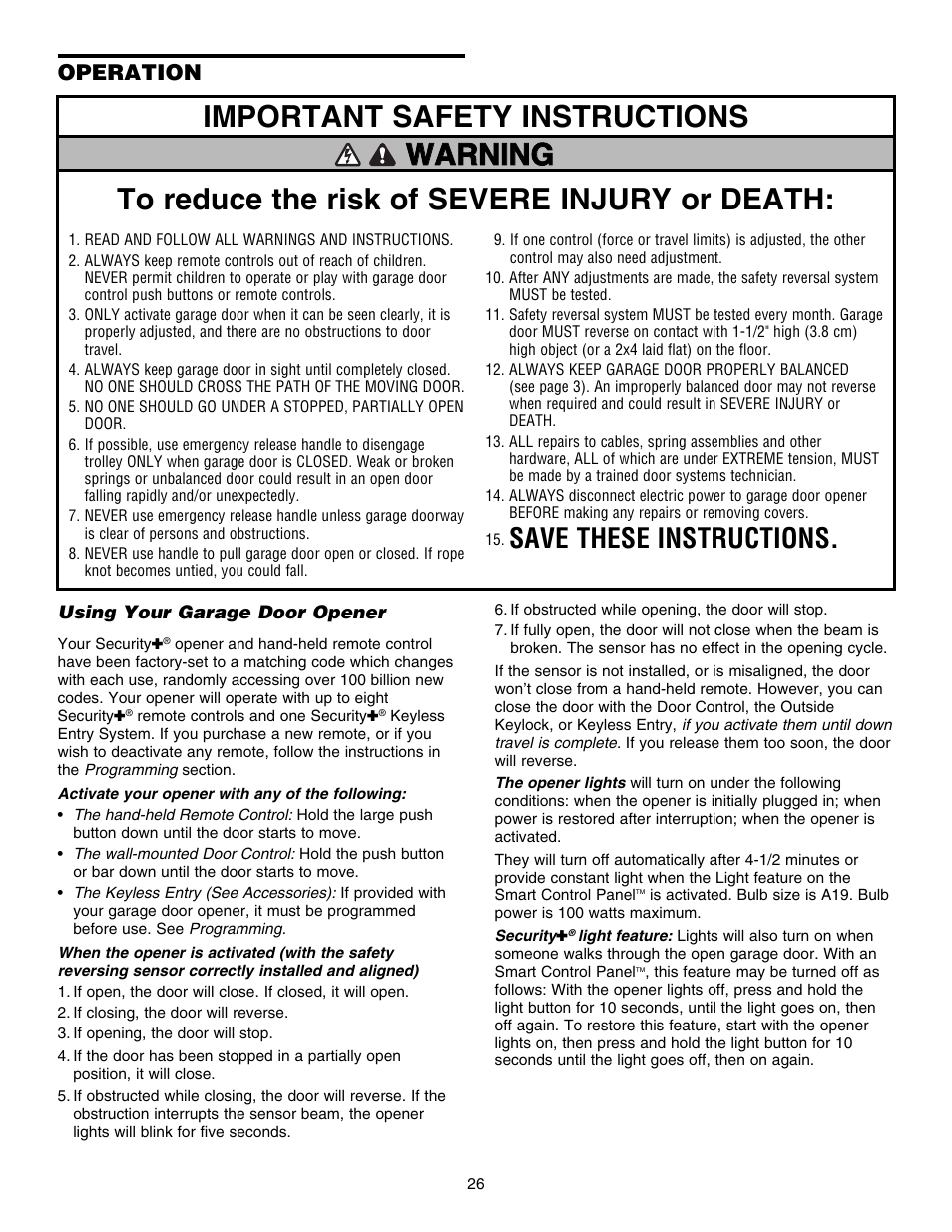 Operation, Using your garage door opener, Warning | Save these instructions | Chamberlain 3585S 3/4 HP User Manual | Page 26 / 40
