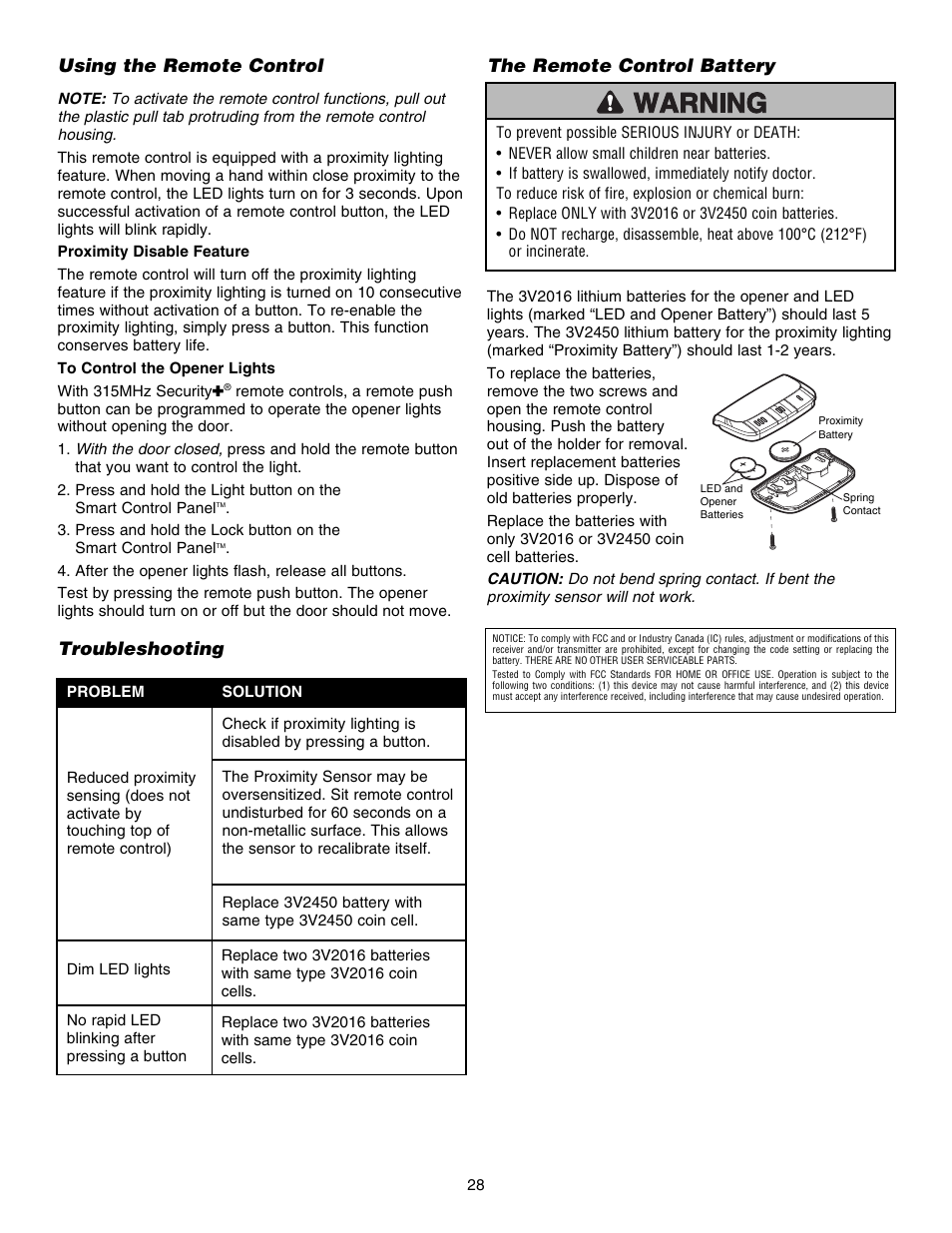 Using the remote control, Troubleshooting, The remote control battery | Chamberlain 3585S 3/4 HP User Manual | Page 28 / 40