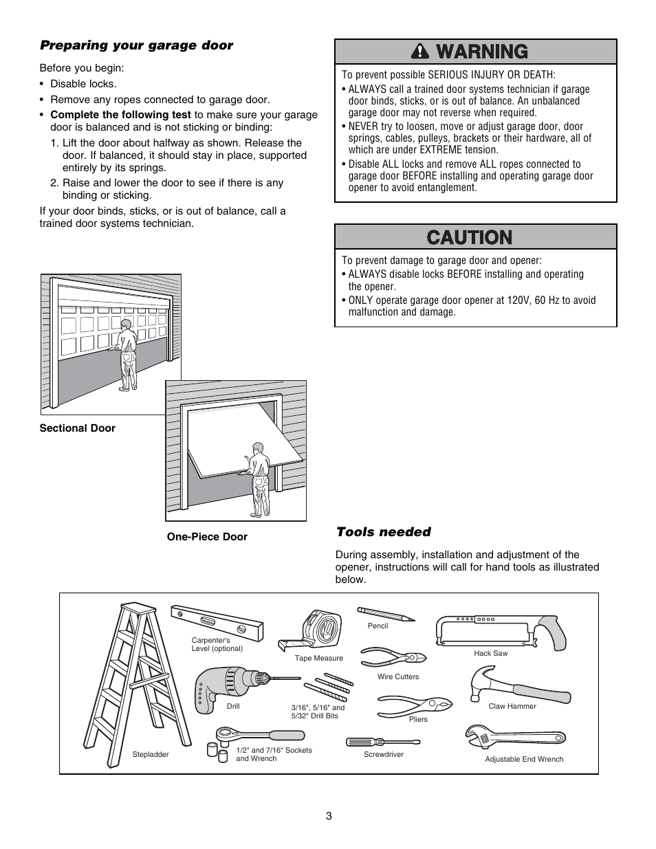 Preparing your garage door, Tools needed | Chamberlain 3585S 3/4 HP User Manual | Page 3 / 40